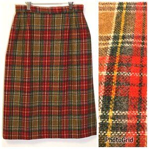 Vintage 50s 60s Red Brown Plaid Wool Straight Pencil Skirt Academia Preppy (T10)
